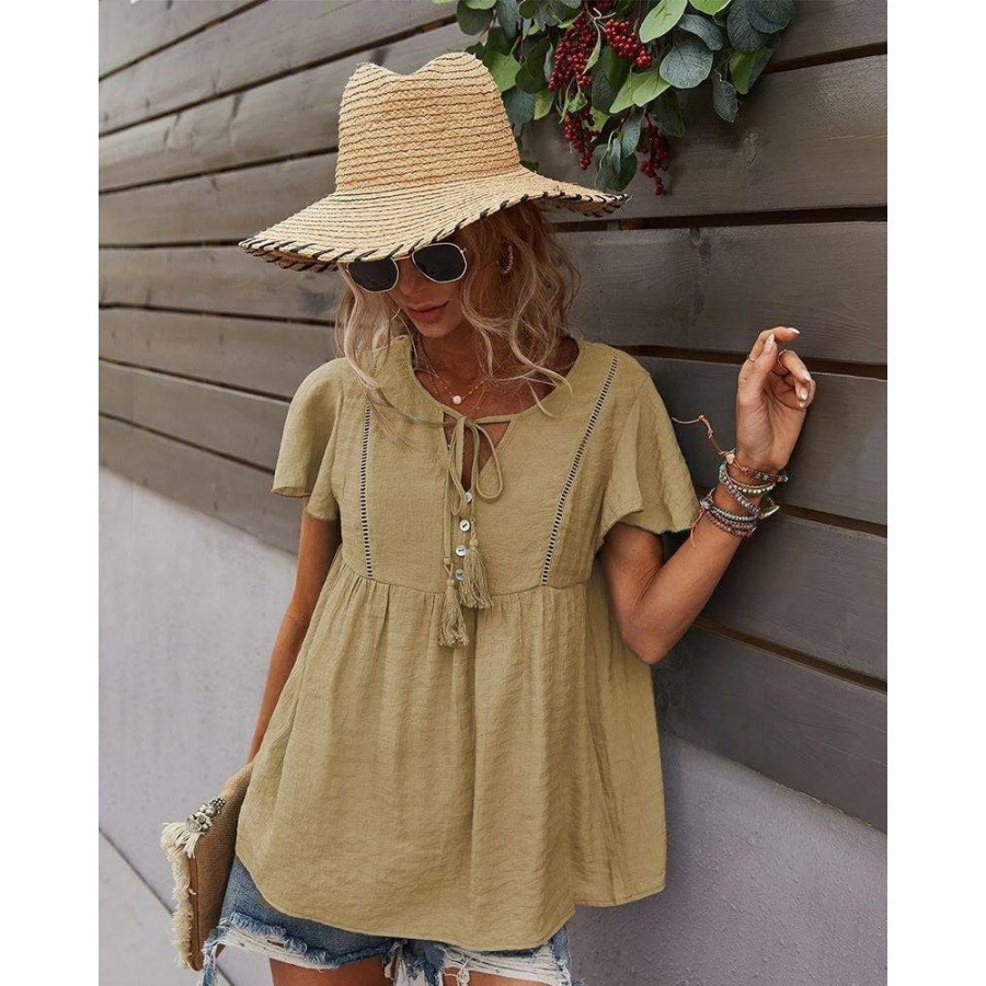 Women * | J+J Tops Beige Tie Neck Flowy Sleeve Blouse