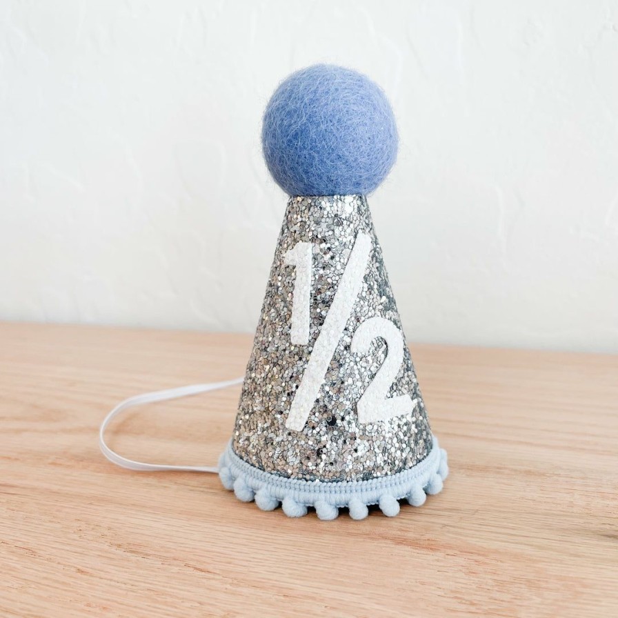 Party Time * | Cutest Little Party Party Time # 1/2 Silver Glitter + Baby Blue Pom Trim + White Felt Party Hat