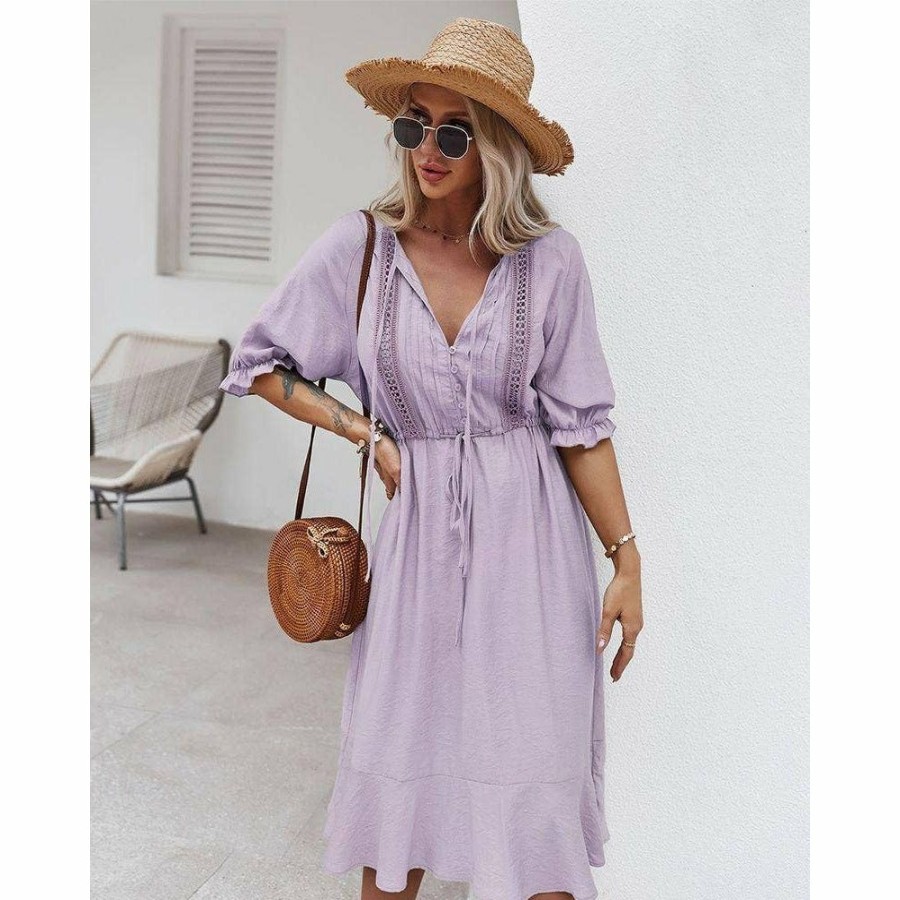 Women * | J+J Dresses Purple Crochet Detail Puff Sleeve Dress