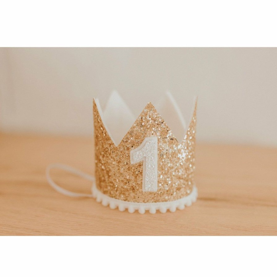 Party Time * | Cutest Little Party Party Time # 1 Gold Glitter + White Pom Trim + White Glitter Crown