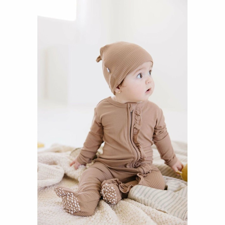 Headwear * | Joss + J Tan Ribbed Bamboo Knotted Infant Beanie Headwear