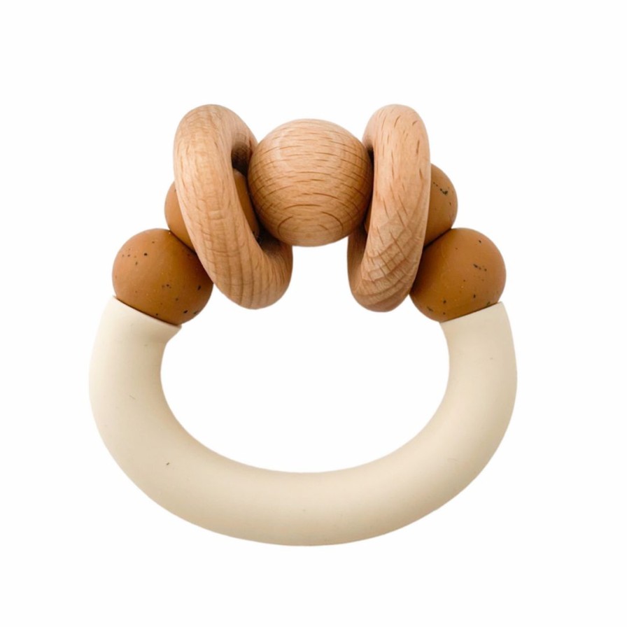 Toys * | Pretty Please Teethers Speckled Almond Orbit Teething Ring Rattle Toy