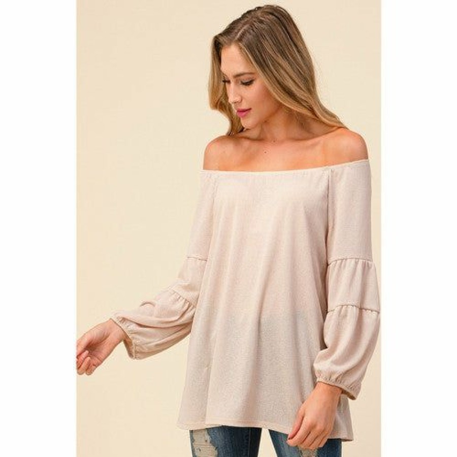 Women * | J+J Tops Oatmeal Stretch Linen Bubble Sleeve Blouse