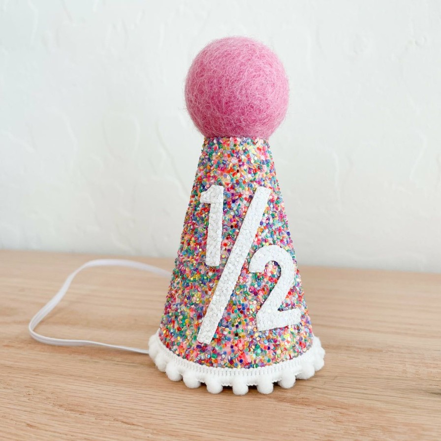 Party Time * | Cutest Little Party Party Hats # 1/2 Mosaic Glitter + White Pom Trim/Hot Pink + White Felt Party Hat