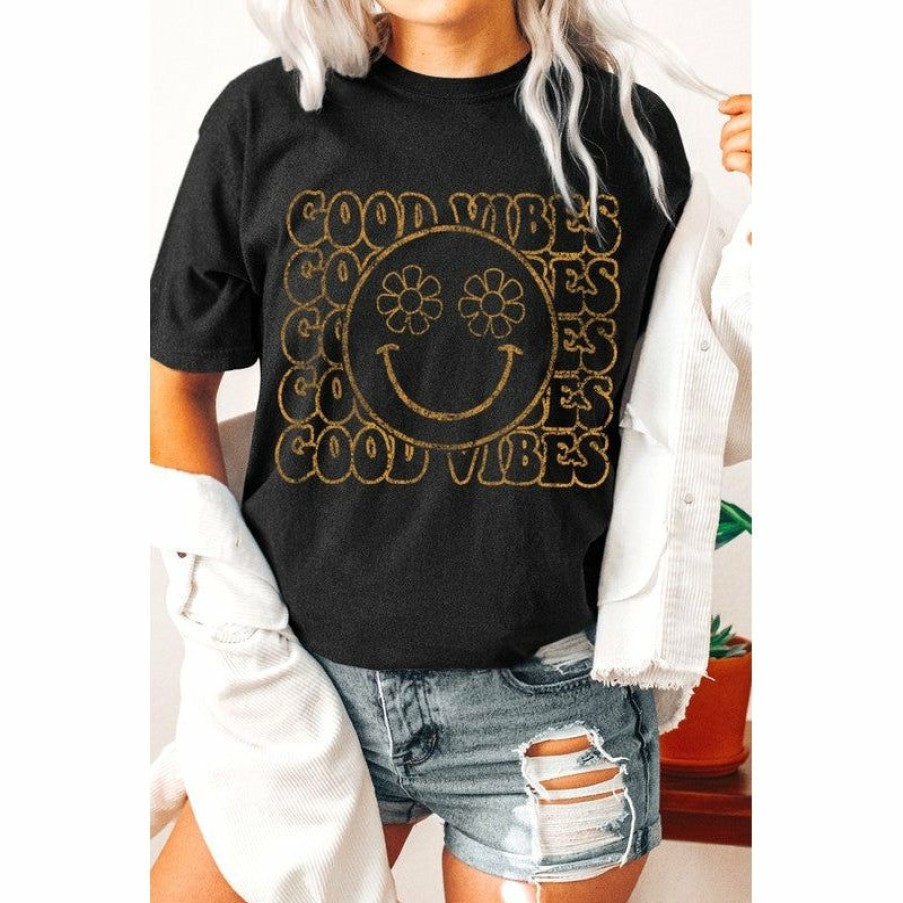 Women * | J+J Good Vibes Smiley Black Oversized Tee Graphic Tees