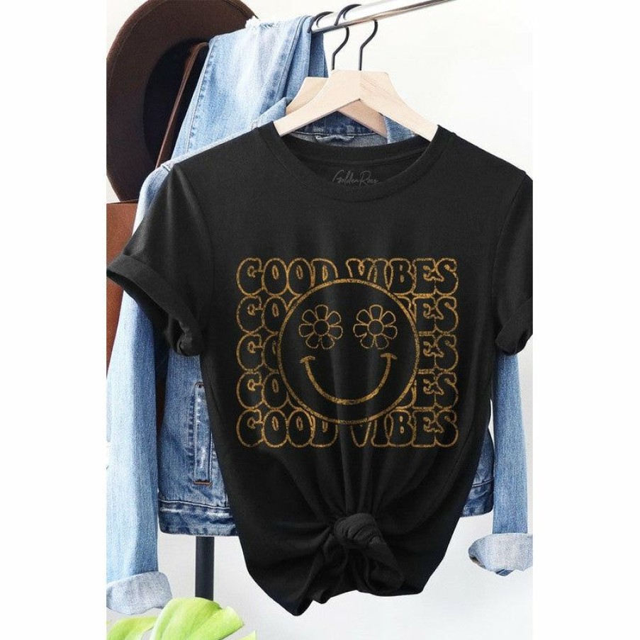 Women * | J+J Good Vibes Smiley Black Oversized Tee Graphic Tees