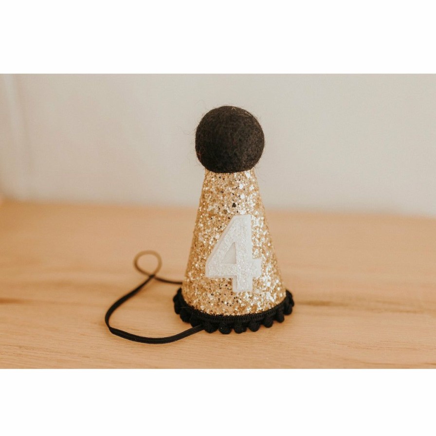 Party Time * | Cutest Little Party # 4 Gold Glitter + Black Pom Trim + White Glitter Party Hat