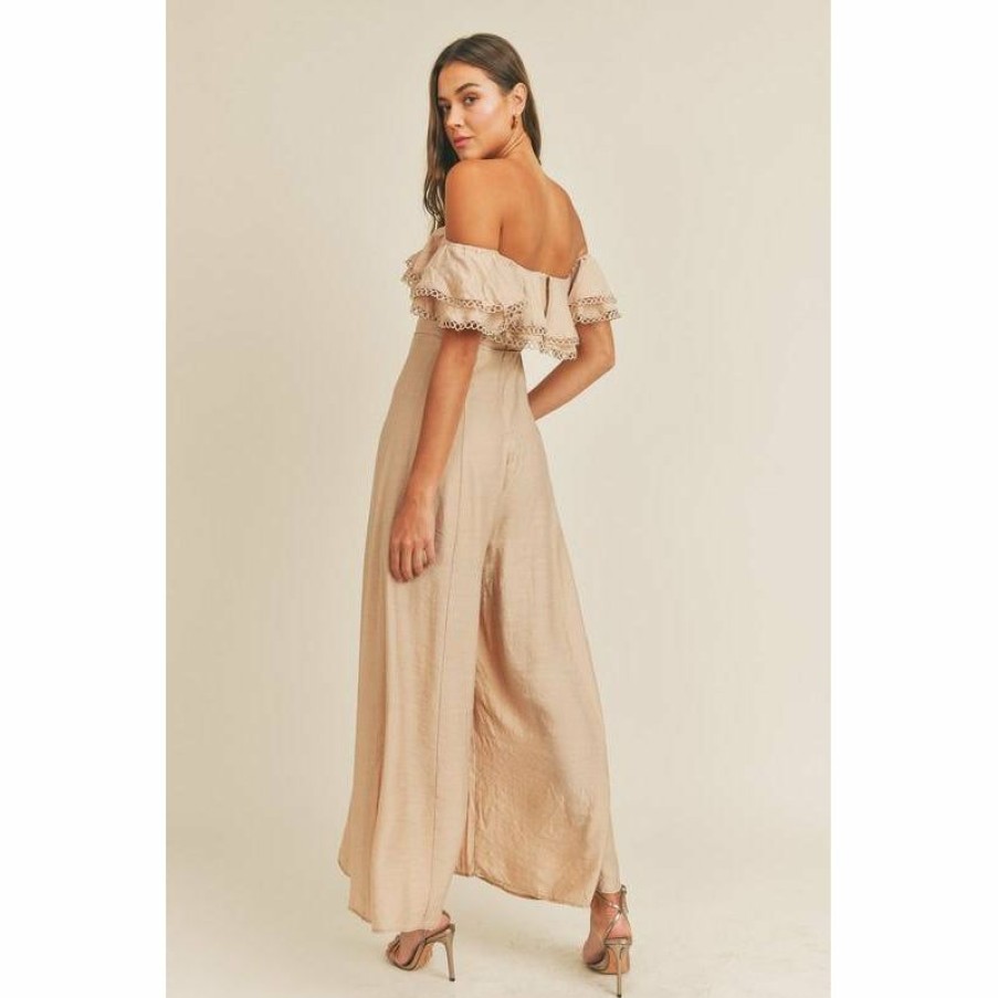 Women * | J+J Taupe Lace Off The Shoulder Ruffle Women'S Jumper Rompers + Jumpers