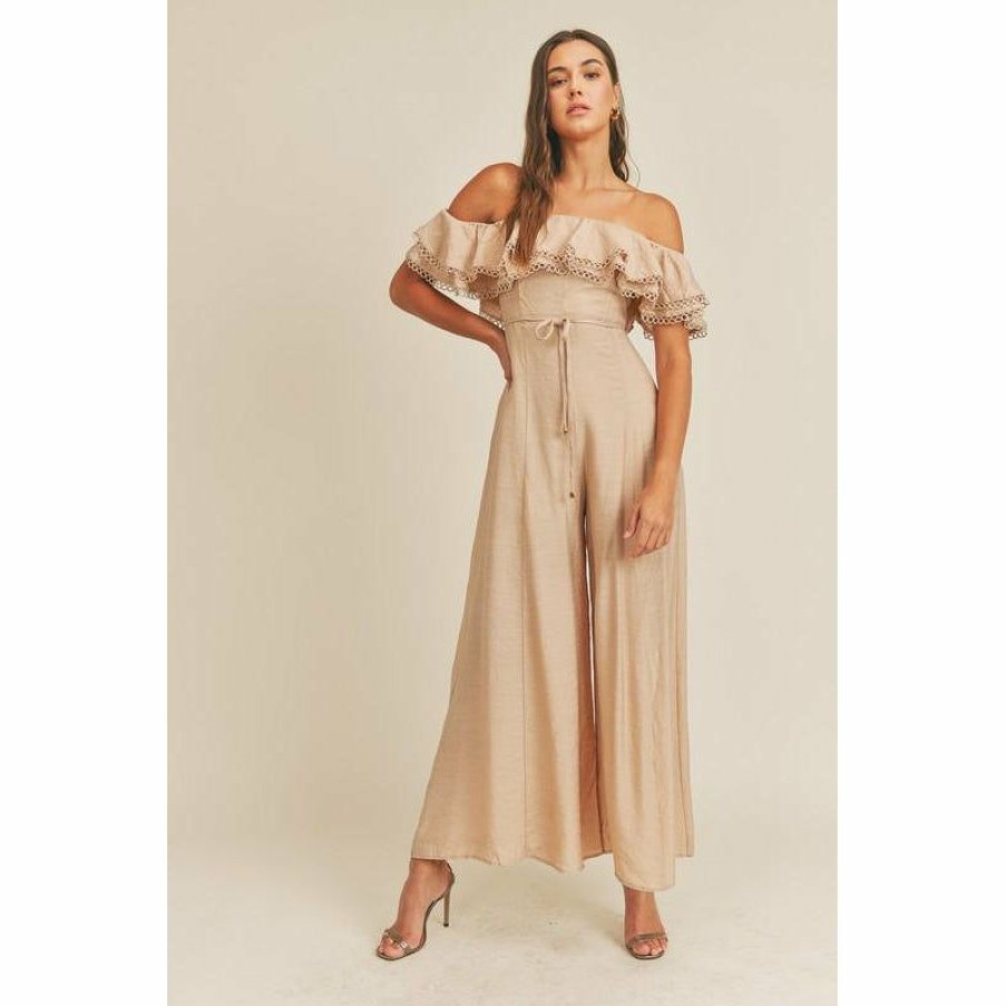 Women * | J+J Taupe Lace Off The Shoulder Ruffle Women'S Jumper Rompers + Jumpers