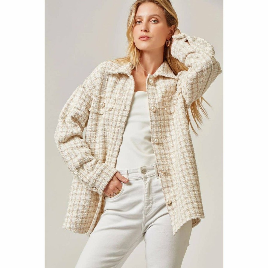 Women * | J+J Ivory Beige Oversized Tweed Jacket Outerwear