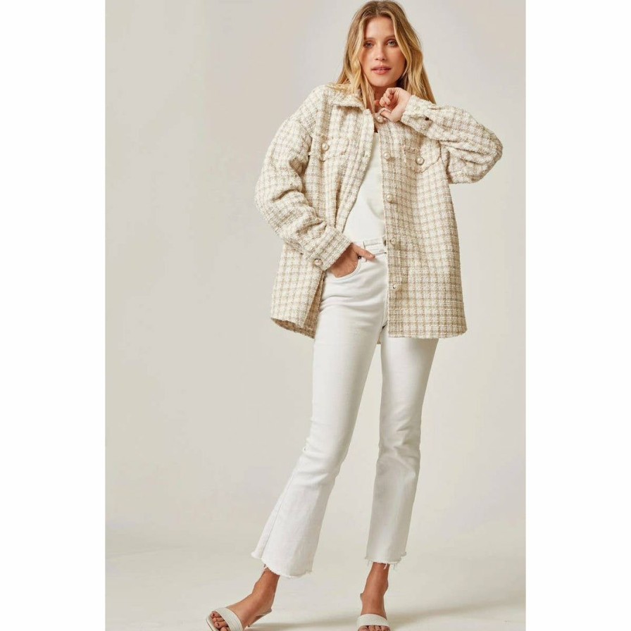 Women * | J+J Ivory Beige Oversized Tweed Jacket Outerwear