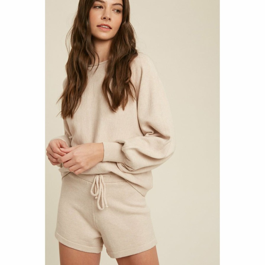 Women * | J+J Cream Sweater Lounge Shirt + Shorts Set