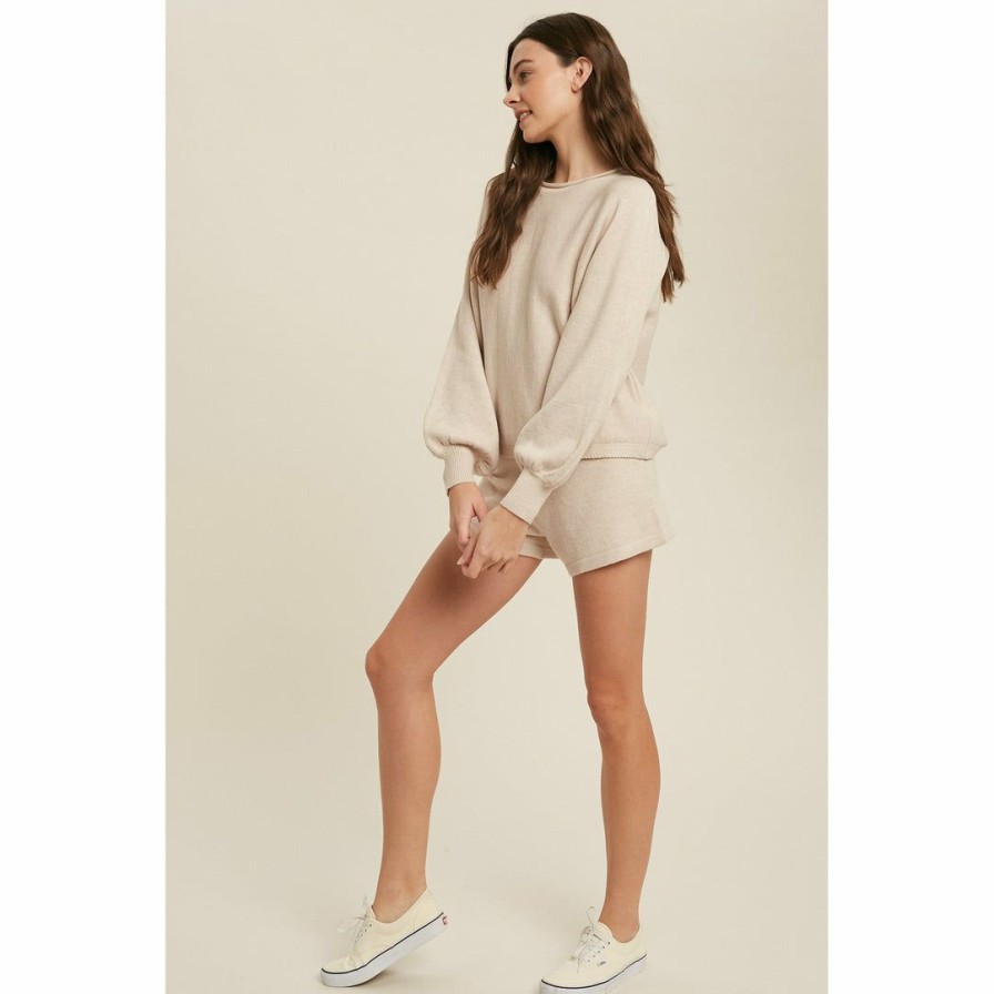 Women * | J+J Cream Sweater Lounge Shirt + Shorts Set