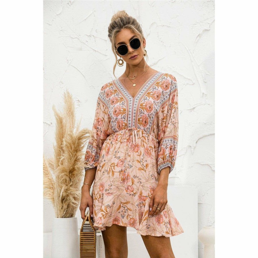 Women * | J+J Orange Floral Ruffle Hem Boho Dress Dresses