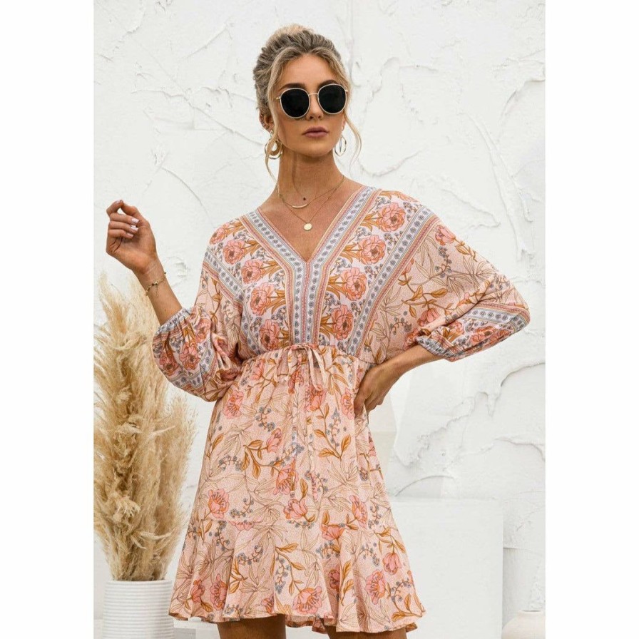 Women * | J+J Orange Floral Ruffle Hem Boho Dress Dresses