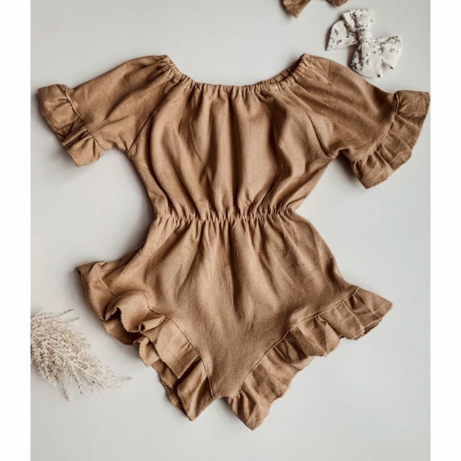 Clothing * | Minikane Overalls + Rompers Tan Ruffle Scrunch Romper