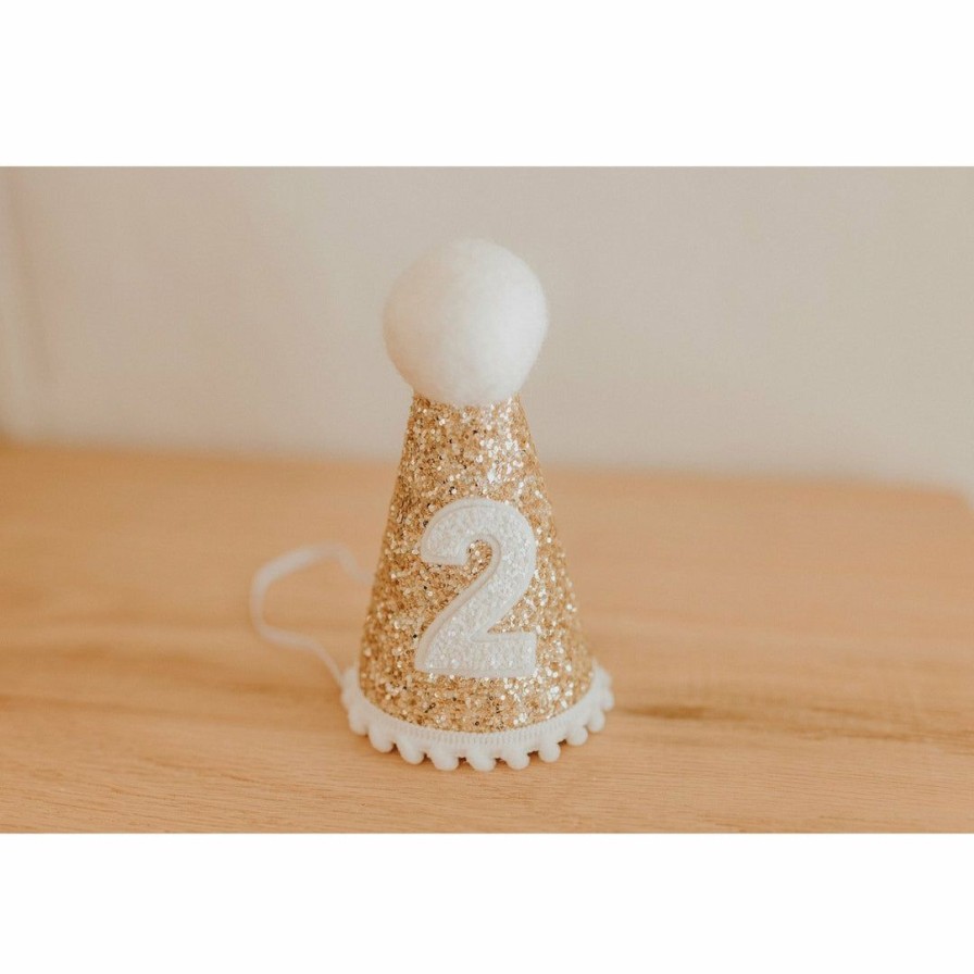 Party Time * | Cutest Little Party # 2 Gold Glitter + White Pom Trim + White Glitter Party Hat