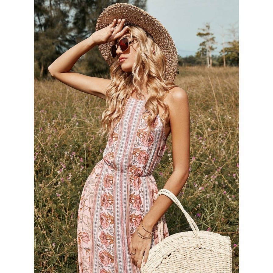 Women * | J+J Dresses Pink Floral Halter Neck Backless Dress