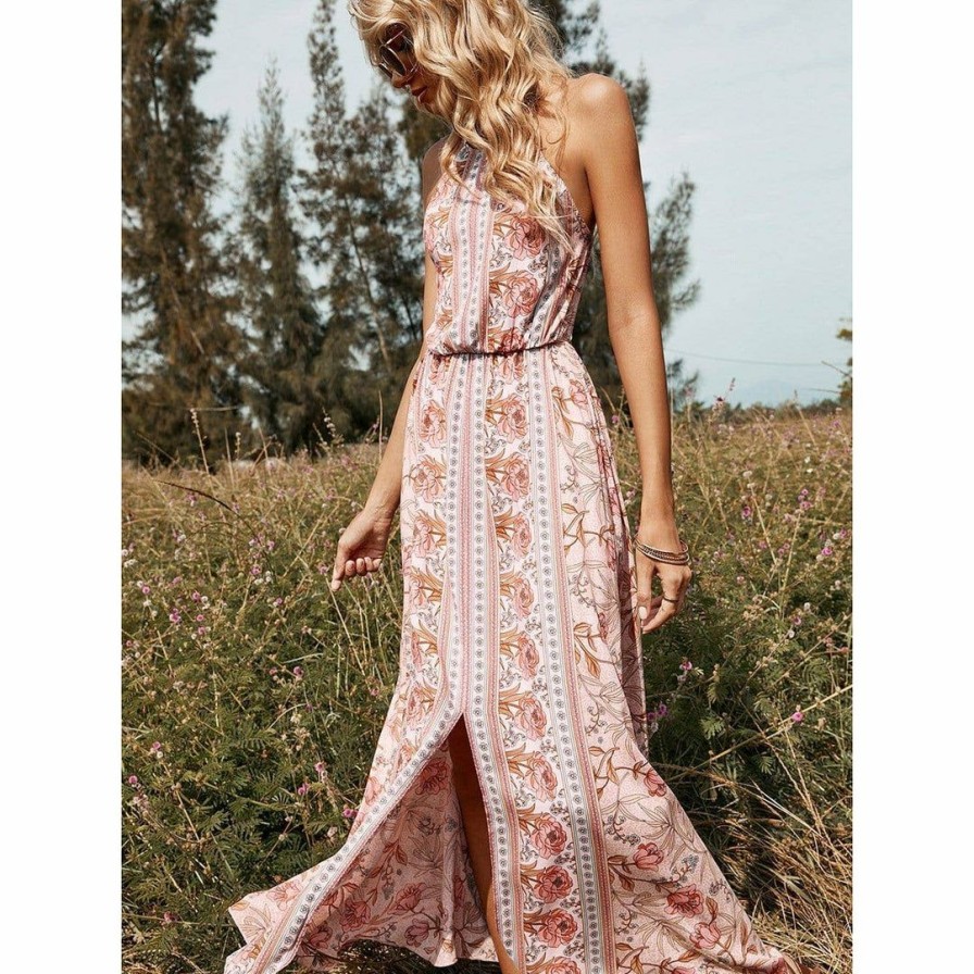 Women * | J+J Dresses Pink Floral Halter Neck Backless Dress