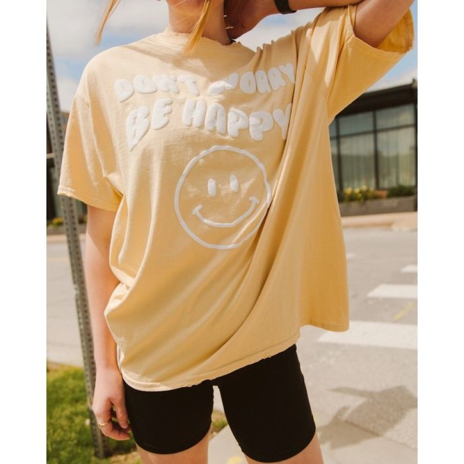 Women * | Livylu Don'T Worry Be Happy Muted Yellow Tee Graphic Tees