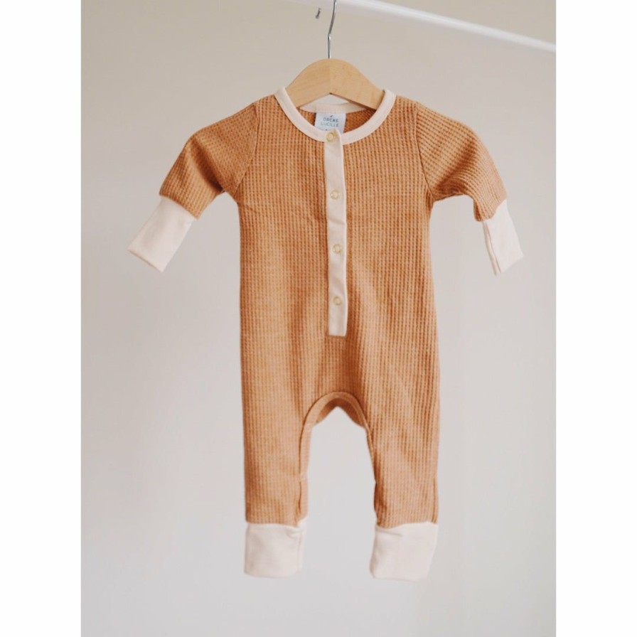 Clothing * | Orcas Lucille Caramel + Cream Waffle Romper Overalls + Rompers