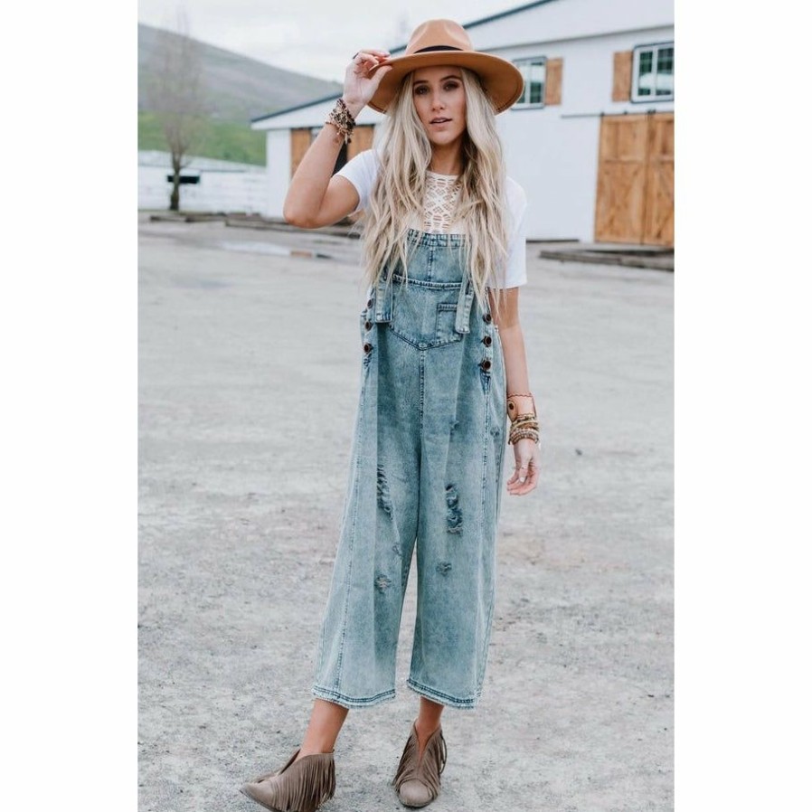 Women * | J+J Blue Slouchy Denim Overalls