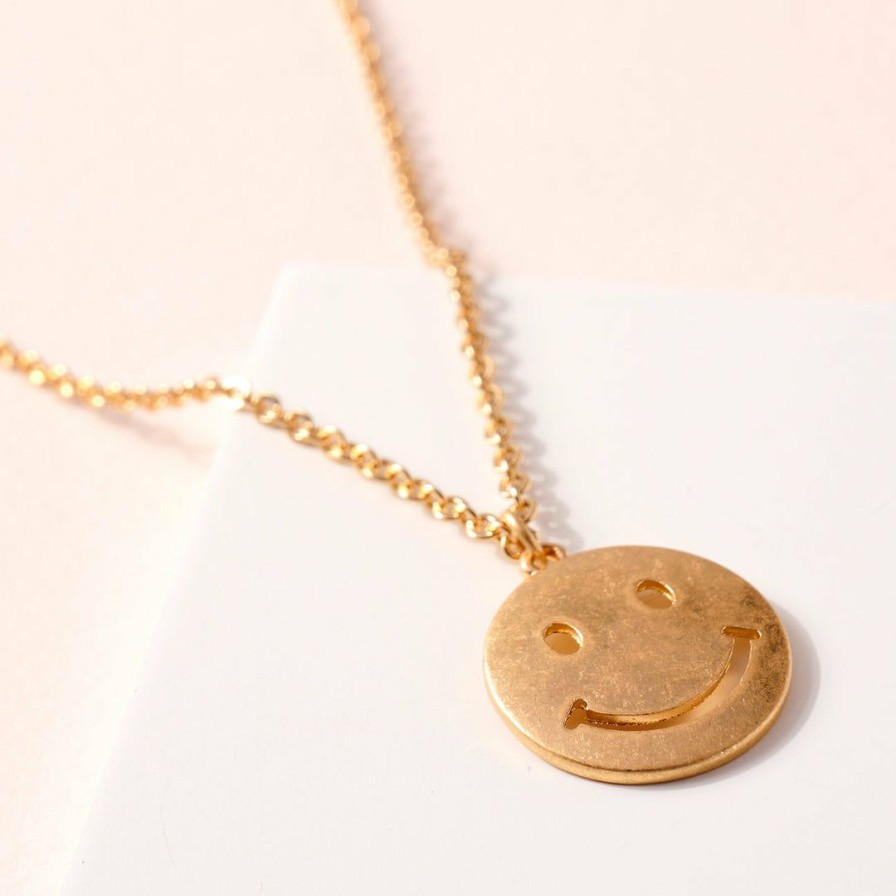 Women * | J+J Necklaces Smiley Face Round Charm Short Necklace