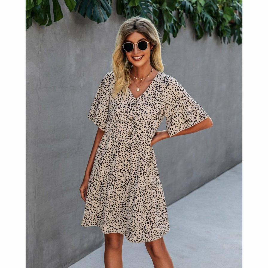 Women * | J+J Beige Animal Print Button Dress