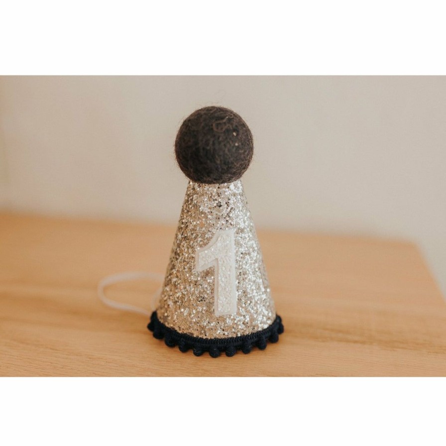 Party Time * | Cutest Little Party Party Time # 1 Silver Glitter + Navy Pom Trim + White Glitter Party Hat