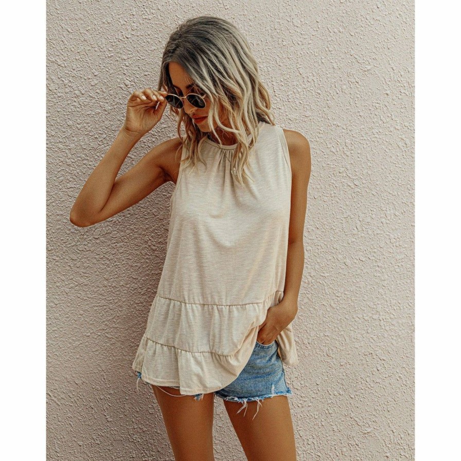 Women * | J+J Tops Beige Round Neck Tiered Hem Blouse