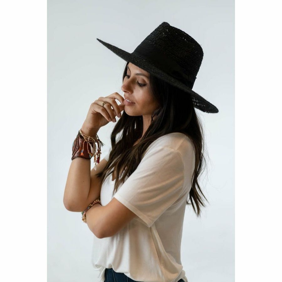 Women * | J+J Black Whimsy Straw Hat