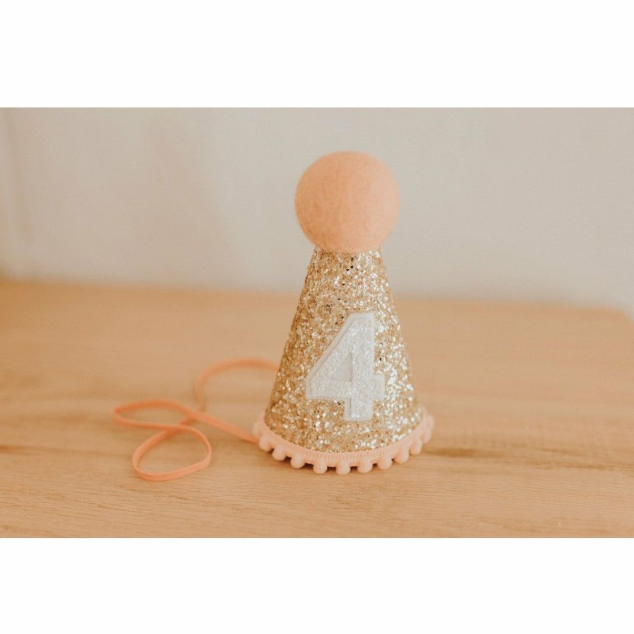 Party Time * | Cutest Little Party # 4 Gold Glitter + Blush Pom Trim + White Glitter Party Hat