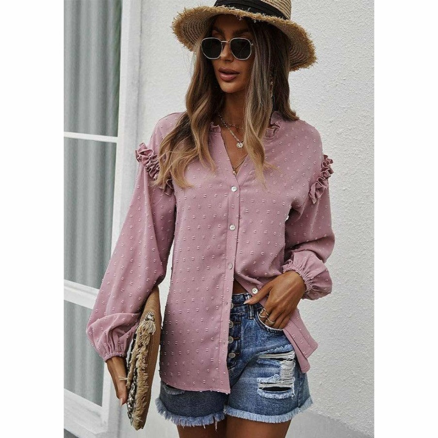 Women * | J+J Pink Ruffle Detail Button Down Blouse