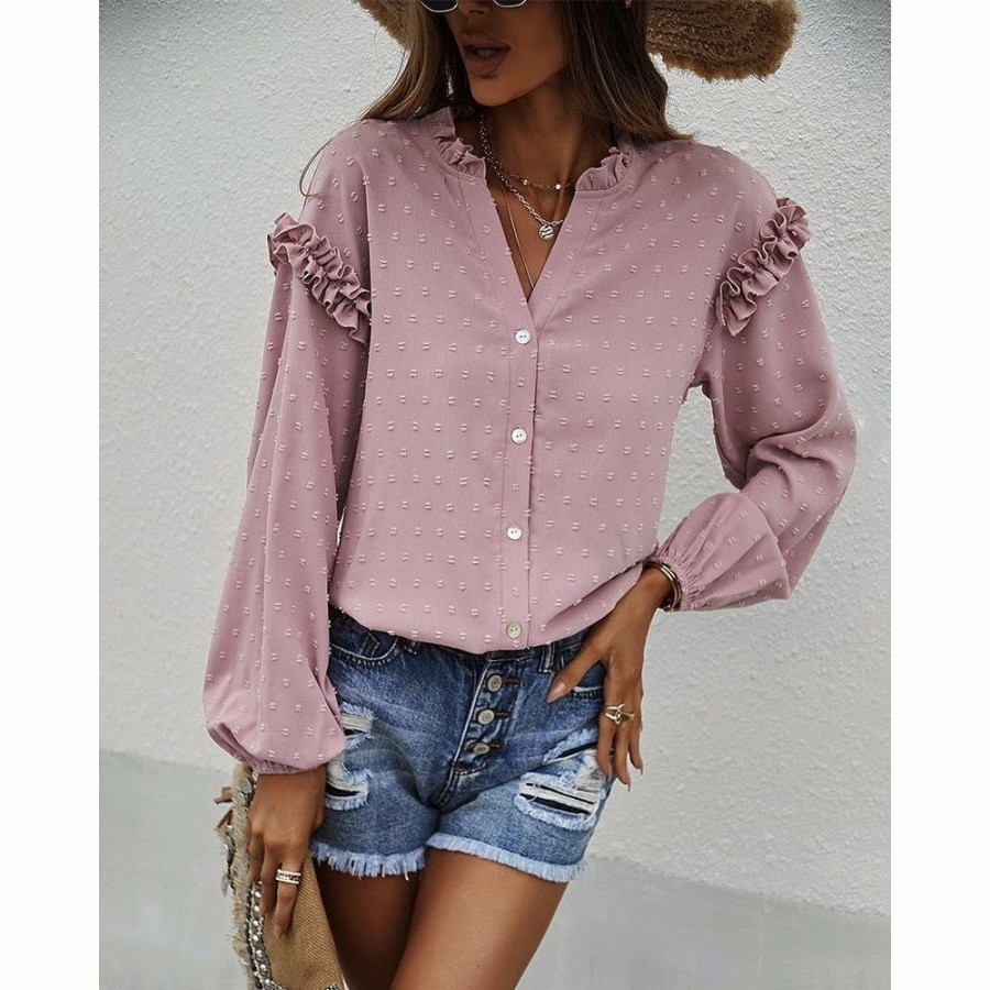 Women * | J+J Pink Ruffle Detail Button Down Blouse