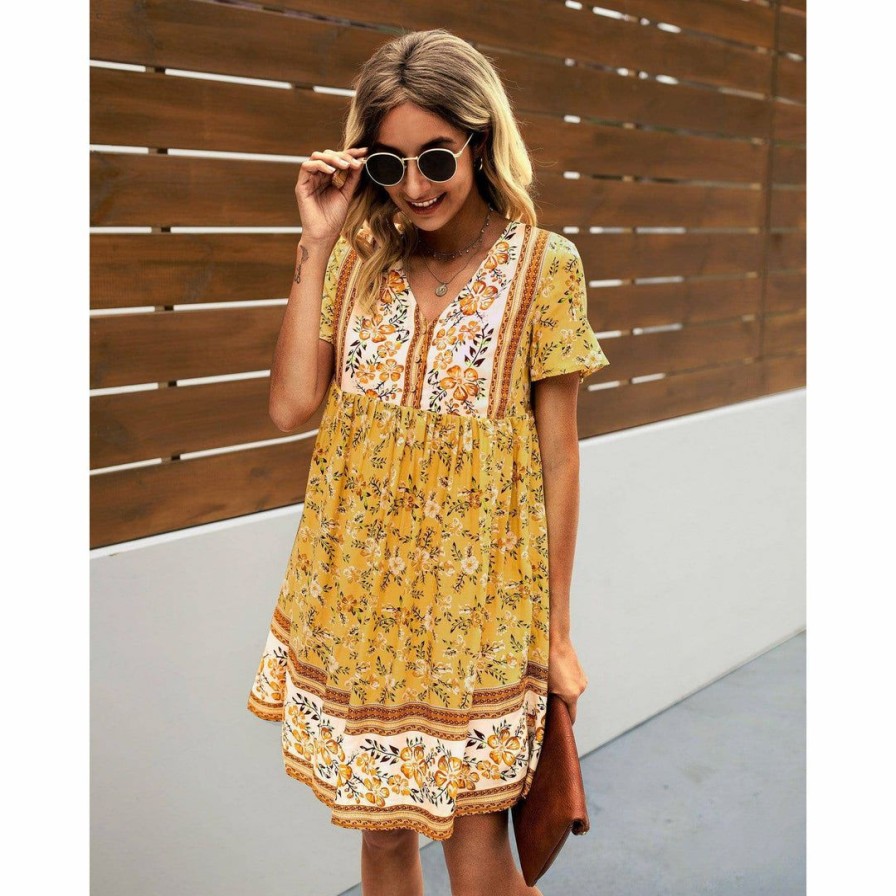 Women * | J+J Yellow Floral Boho Dress