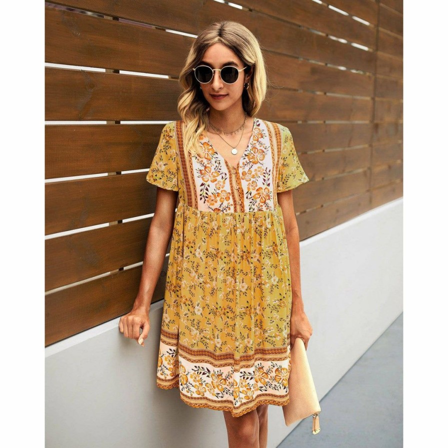 Women * | J+J Yellow Floral Boho Dress