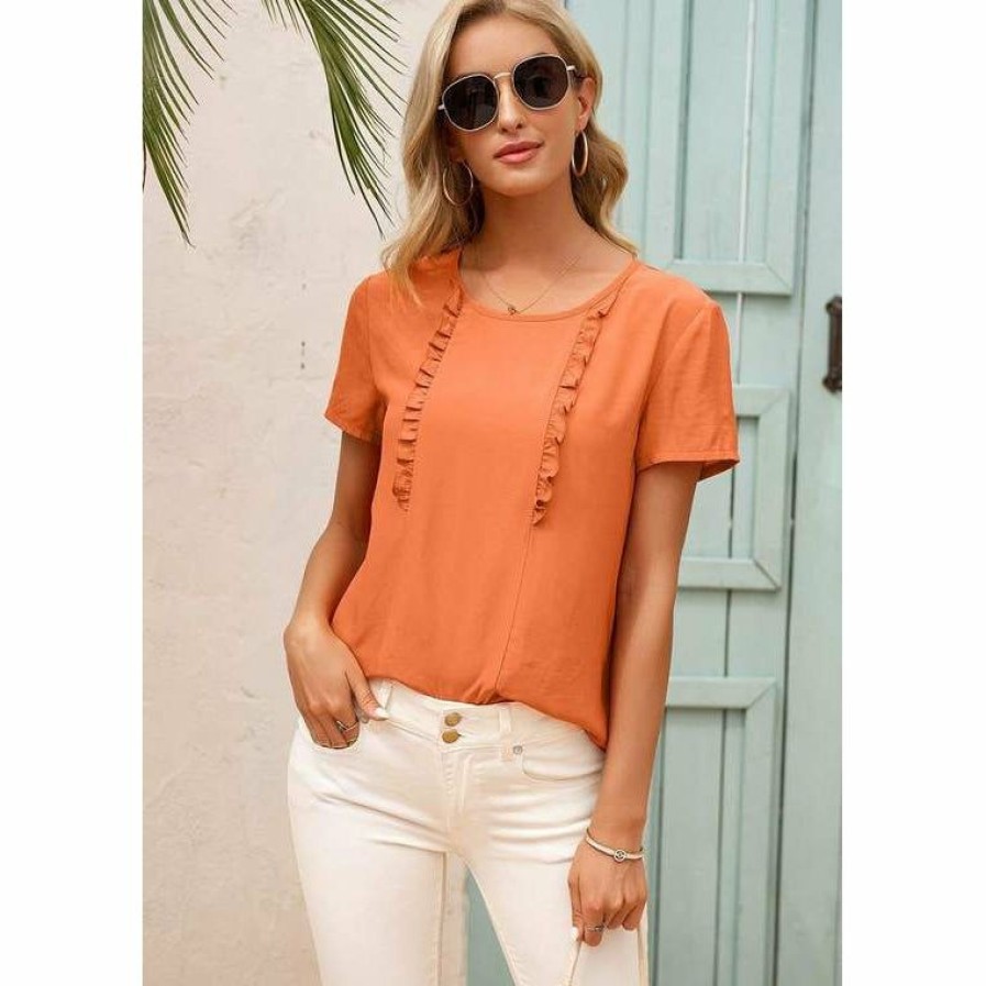 Women * | J+J Tops Orange Dainty Ruffle Summer Blouse