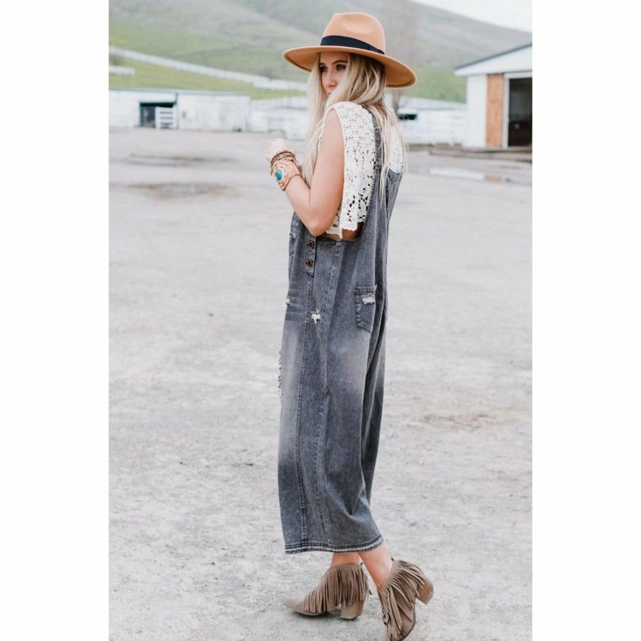 Women * | J+J Black Slouchy Denim Overalls