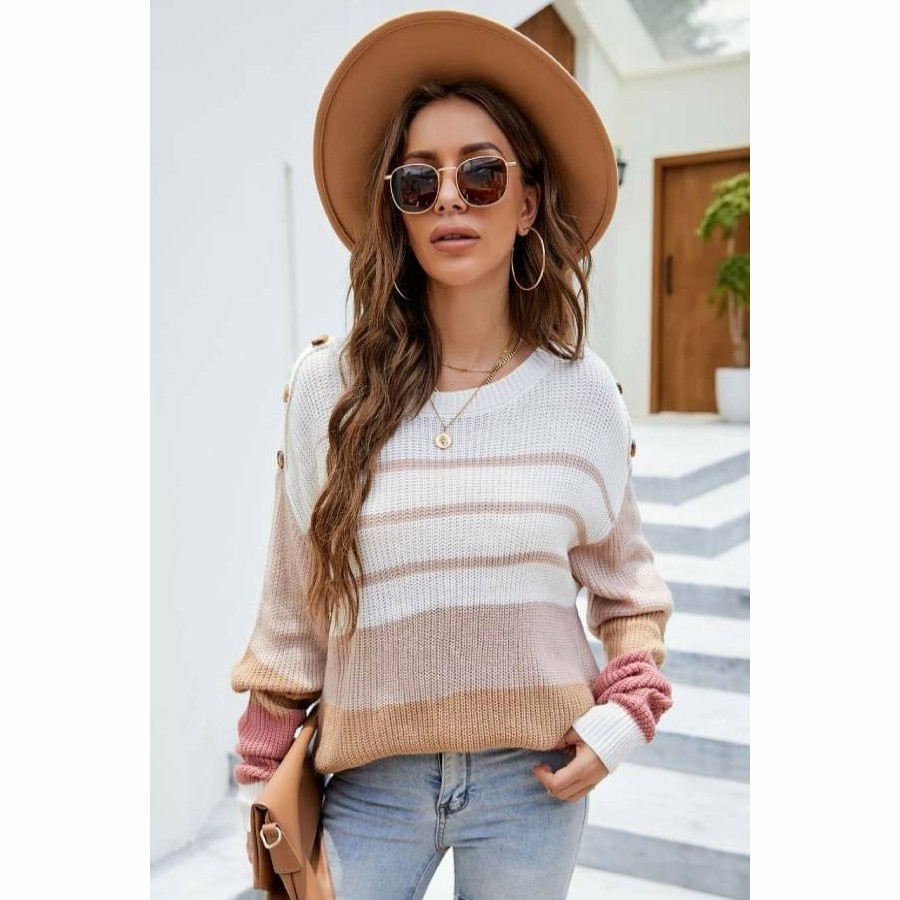 Women * | J+J Tops White Multi Striped Oversized Long Sleeve Sweater