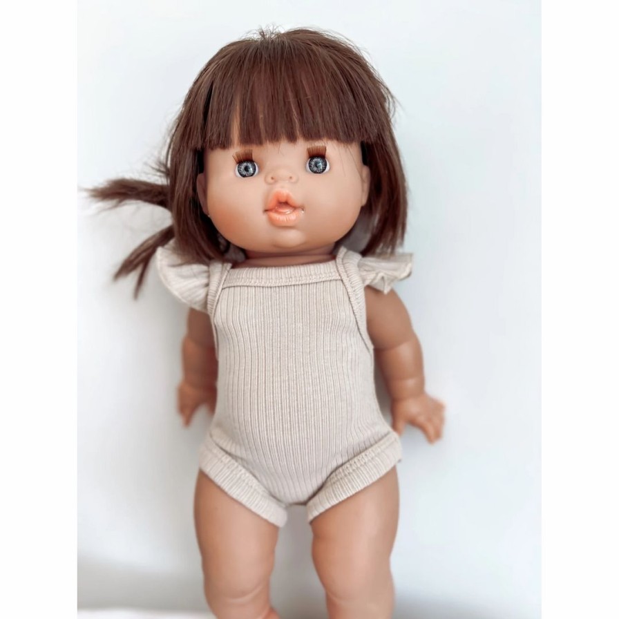 Dolls + Plushies * | Dolls + Plushies Beige Ribbed Ruffle Sleeve Romper Minikane Doll Clothing