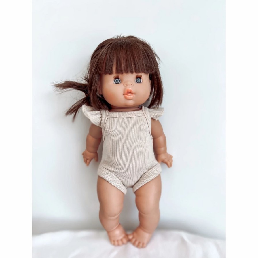 Dolls + Plushies * | Dolls + Plushies Beige Ribbed Ruffle Sleeve Romper Minikane Doll Clothing