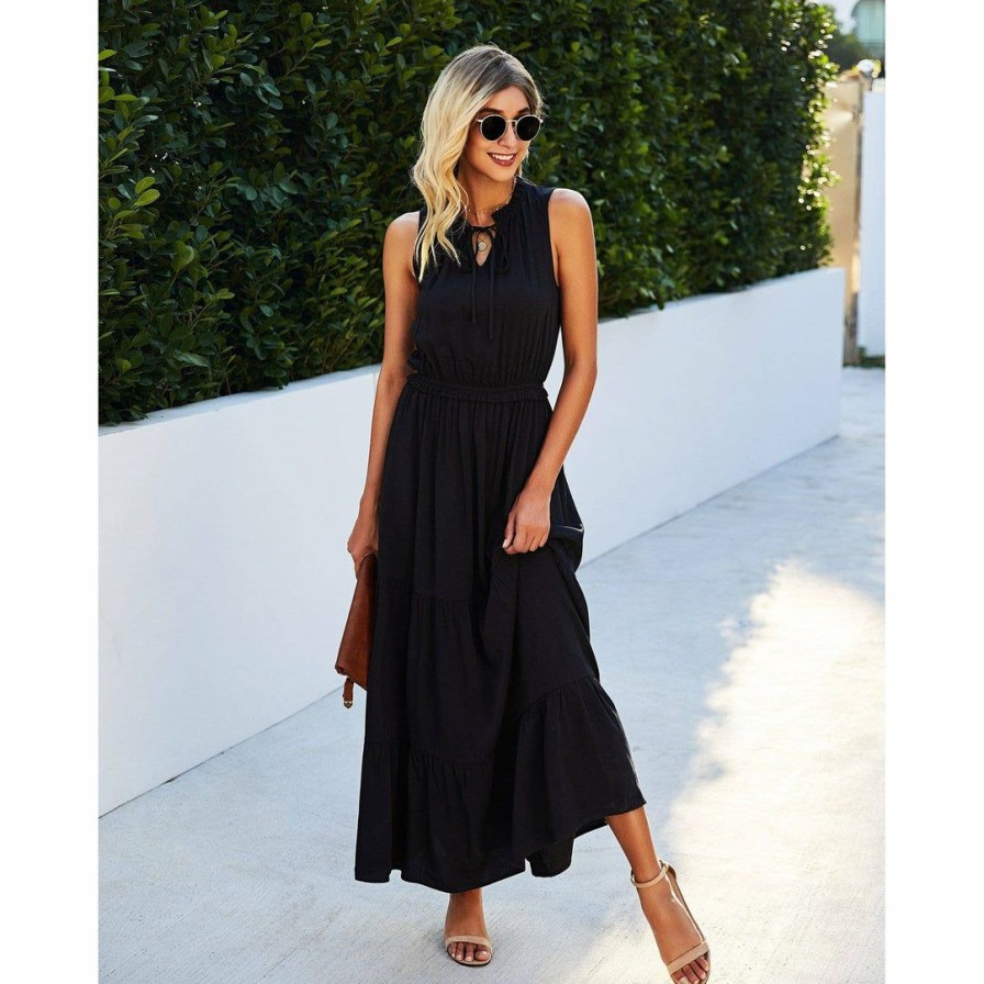 Women * | J+J Dresses Black Tie Neck Solid Maxi Dress