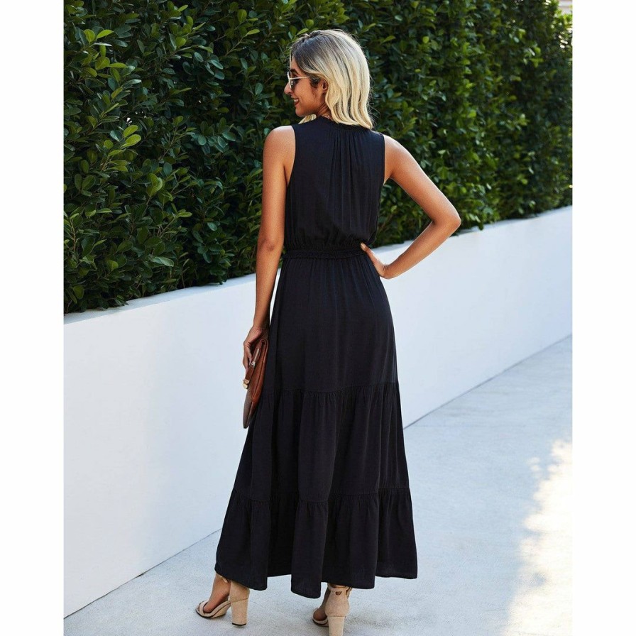 Women * | J+J Dresses Black Tie Neck Solid Maxi Dress