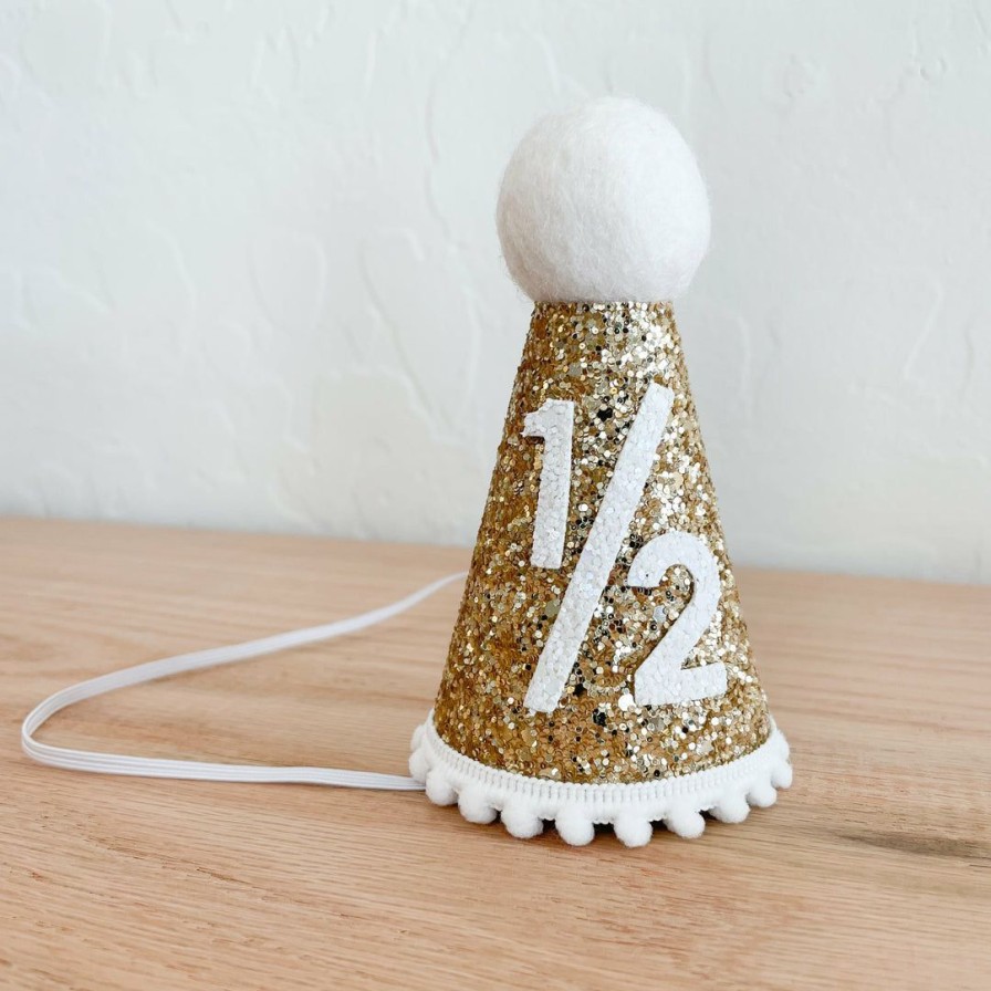 Party Time * | Cutest Little Party Party Time # 1/2 Gold Glitter + White Pom Trim + White Glitter Party Hat