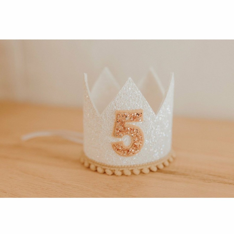 Party Time * | Cutest Little Party Party Time # 5 White Glitter + Toast Pom Trim/White Lining + Rose Gold/Toast Felt Crown