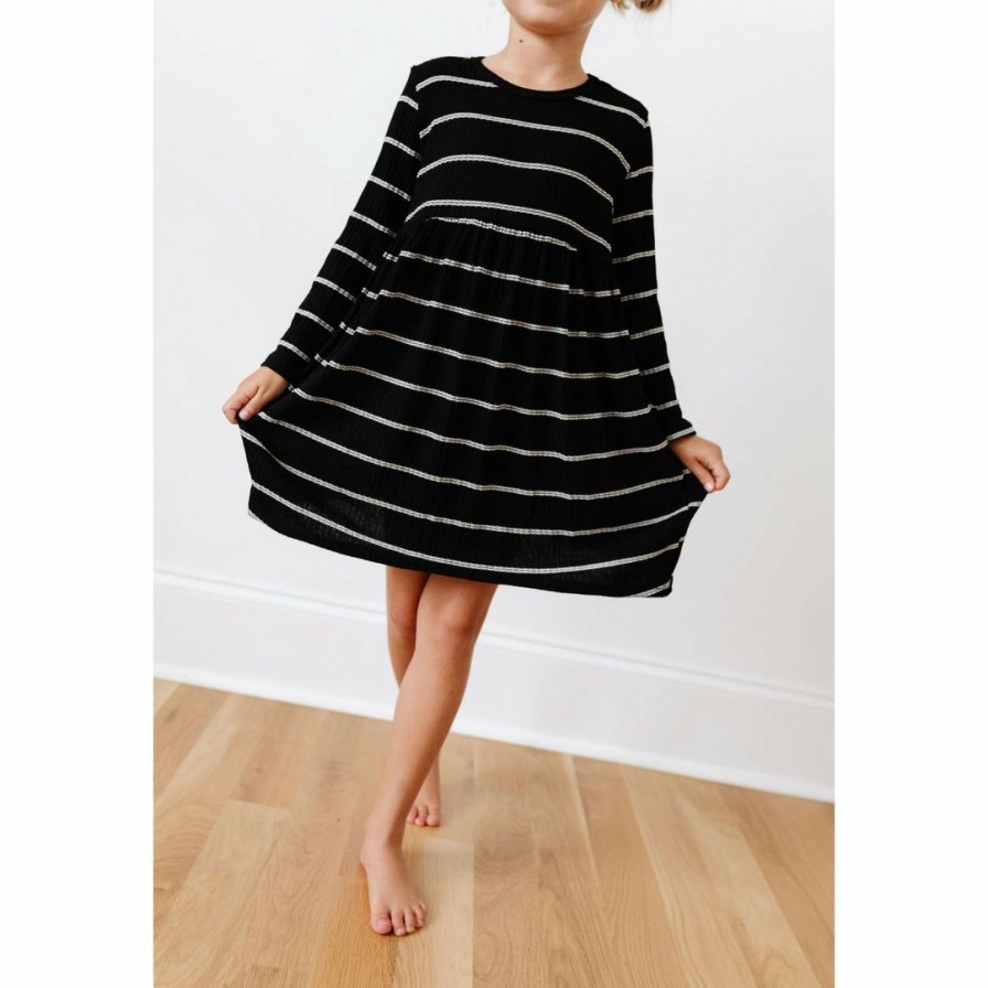 Clothing * | Lia + Lou Black + White Stripe Long Sleeve Dress