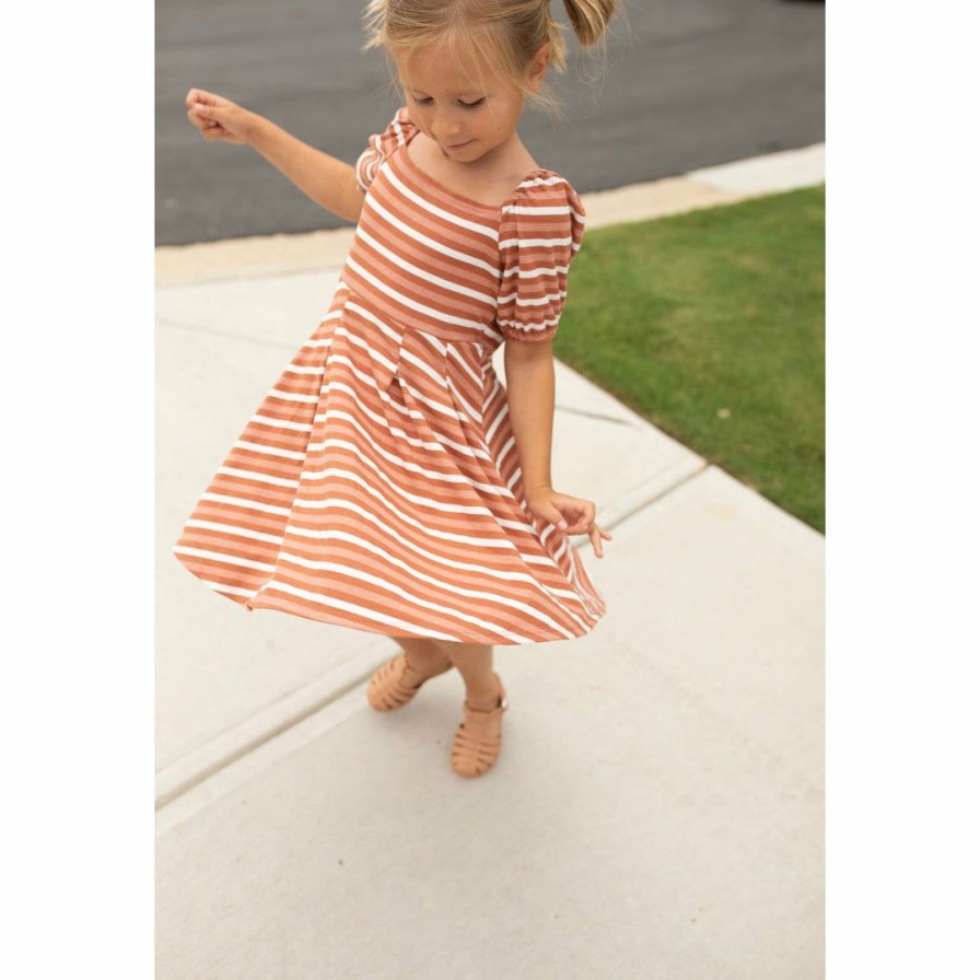 Clothing * | Lia + Lou Rust Striped Ribbed Puff Sleeve Dress