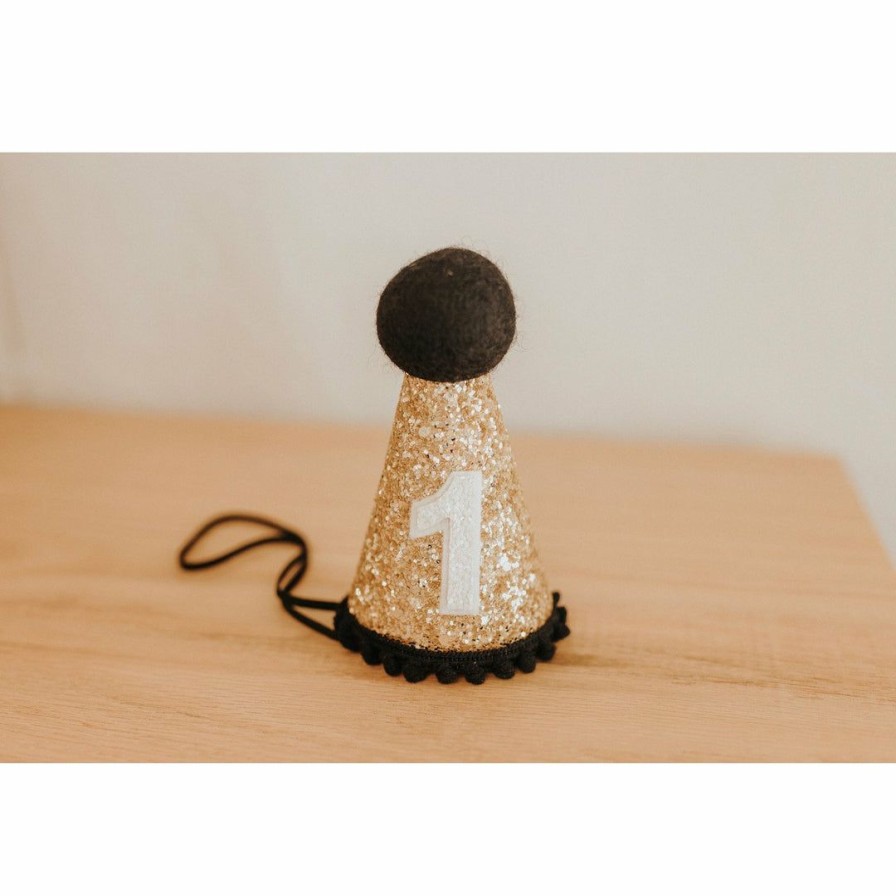 Party Time * | Cutest Little Party Party Time # 1 Gold Glitter + Black Pom Trim + White Glitter Party Hat